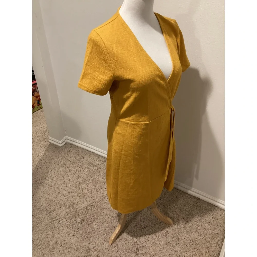 J. Crew Mustard Yellow Linen Blend Wrap Dress Short Sleeve Tie Waist Midi Size M